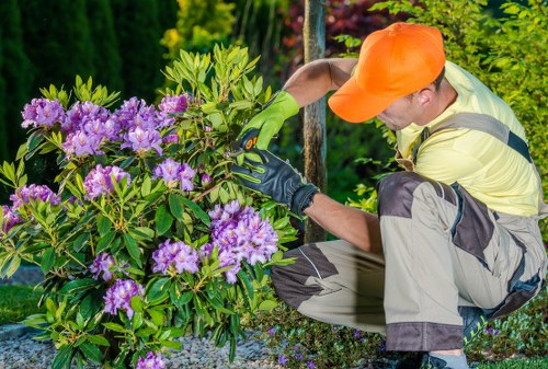 Landscaper wearing PPE while carrying out outdoor maintenance